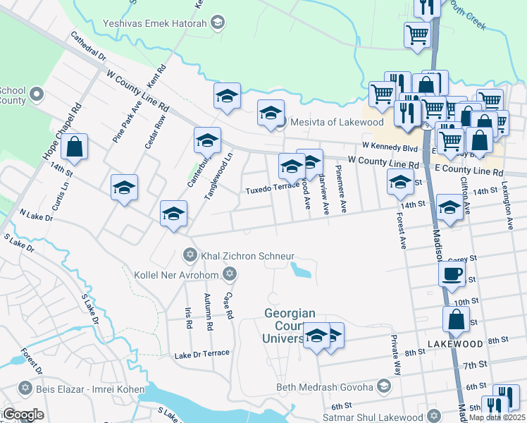 map of restaurants, bars, coffee shops, grocery stores, and more near 1214 Georgian Terrace in Lakewood