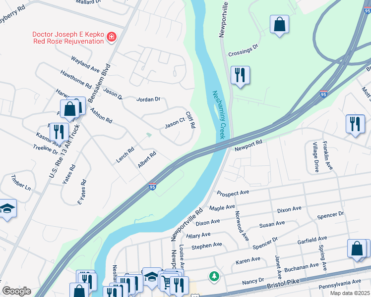 map of restaurants, bars, coffee shops, grocery stores, and more near 757 Cliff Road in Bucks County