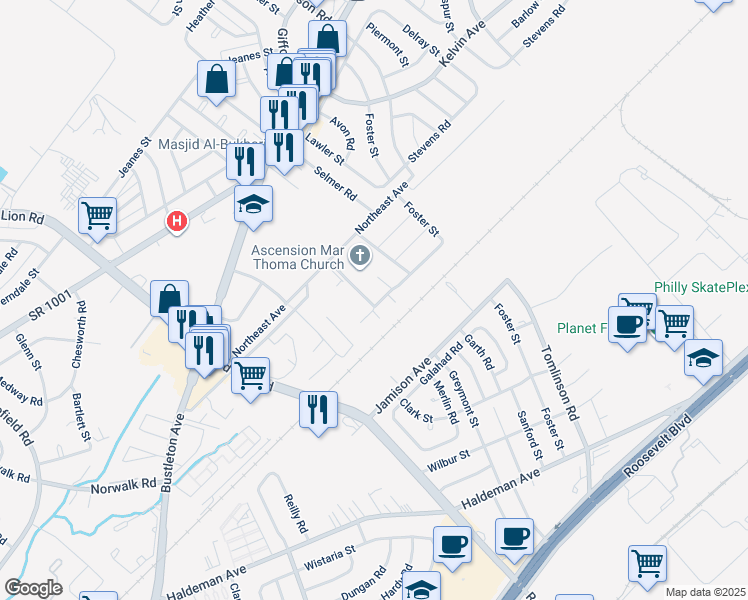 map of restaurants, bars, coffee shops, grocery stores, and more near 1193 Serota Drive in Philadelphia