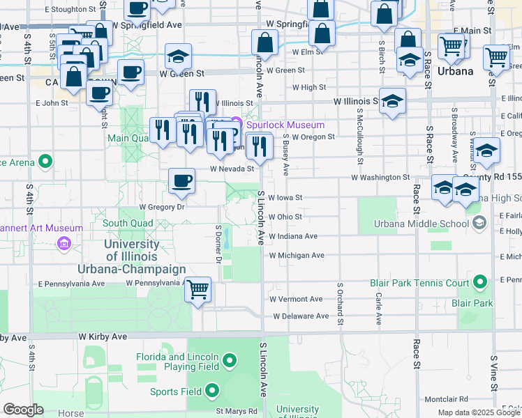 map of restaurants, bars, coffee shops, grocery stores, and more near 1005 South Lincoln Avenue in Urbana