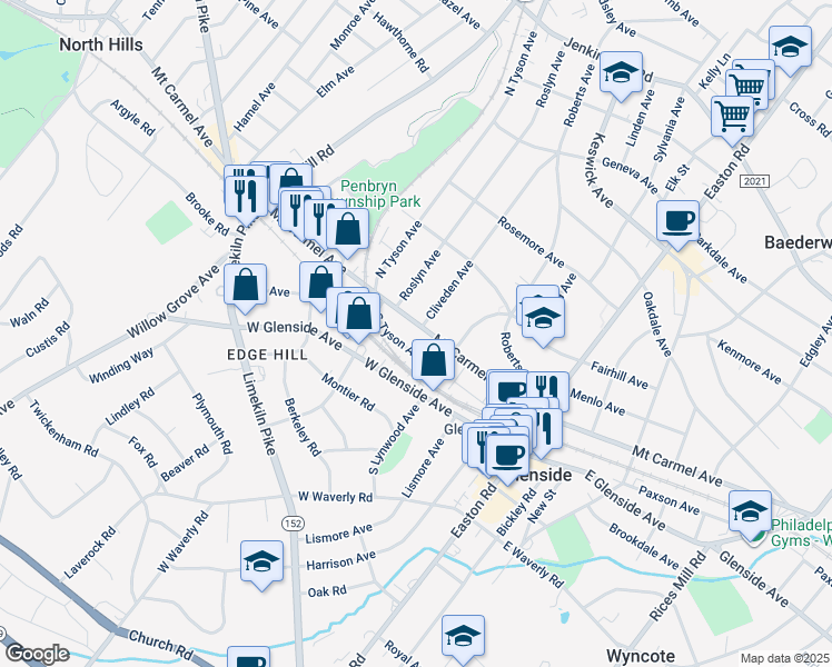 map of restaurants, bars, coffee shops, grocery stores, and more near 302 Mount Carmel Avenue in Glenside