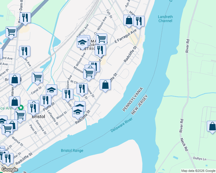 map of restaurants, bars, coffee shops, grocery stores, and more near 1420 Radcliffe Street in Bristol