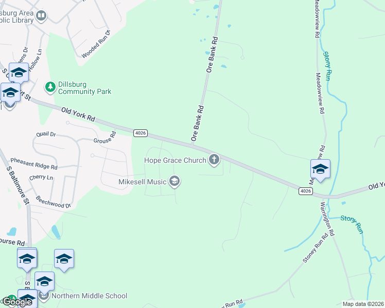 map of restaurants, bars, coffee shops, grocery stores, and more near 100 Old York Rd in Dillsburg