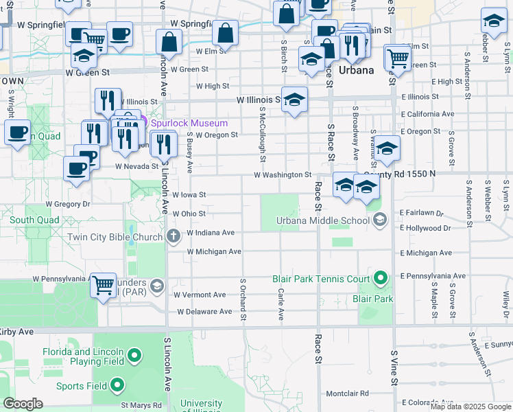 map of restaurants, bars, coffee shops, grocery stores, and more near 1005 Douglas Avenue in Urbana
