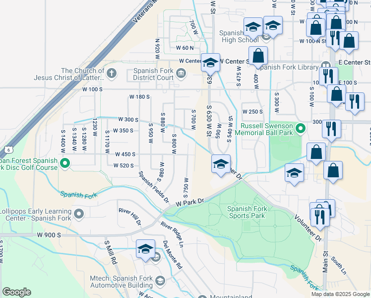 map of restaurants, bars, coffee shops, grocery stores, and more near 436 South 750 West in Spanish Fork