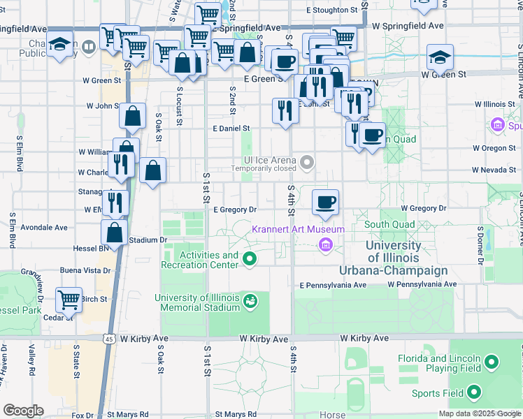 map of restaurants, bars, coffee shops, grocery stores, and more near 301 East Gregory Drive in Champaign