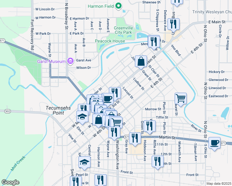 map of restaurants, bars, coffee shops, grocery stores, and more near 307 East Main Street in Greenville