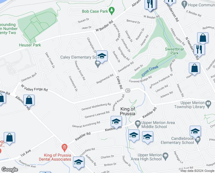 map of restaurants, bars, coffee shops, grocery stores, and more near 424 Covered Bridge Road in King of Prussia