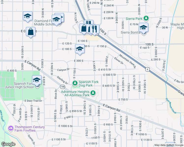 map of restaurants, bars, coffee shops, grocery stores, and more near 1413 East 500 South Street in Spanish Fork