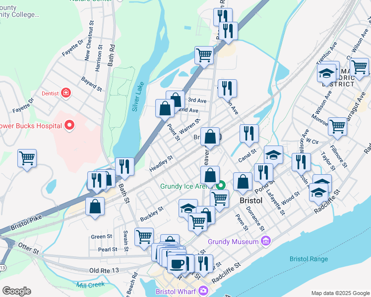 map of restaurants, bars, coffee shops, grocery stores, and more near 622 Point Street in Bristol