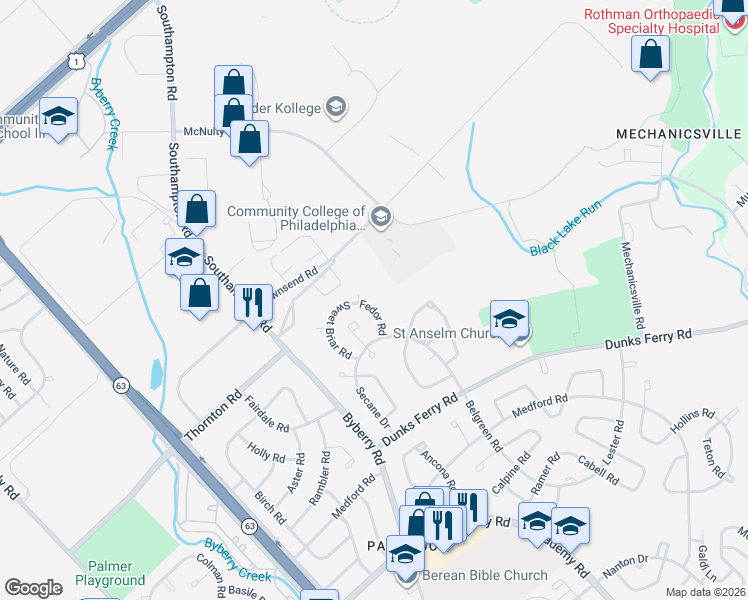 map of restaurants, bars, coffee shops, grocery stores, and more near 12546 Fedor Road in Philadelphia
