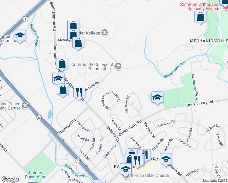 map of restaurants, bars, coffee shops, grocery stores, and more near 12501 Fedor Road in Philadelphia