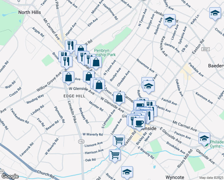 map of restaurants, bars, coffee shops, grocery stores, and more near 302 Mount Carmel Avenue in Glenside