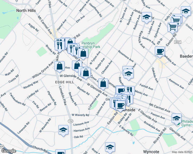 map of restaurants, bars, coffee shops, grocery stores, and more near 302 Mount Carmel Avenue in Glenside
