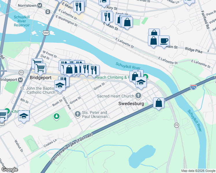 map of restaurants, bars, coffee shops, grocery stores, and more near 302 Prospect Avenue in Bridgeport