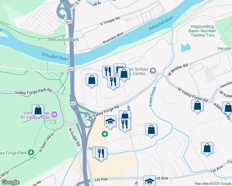 map of restaurants, bars, coffee shops, grocery stores, and more near 10112 Valley Forge Circle in King of Prussia