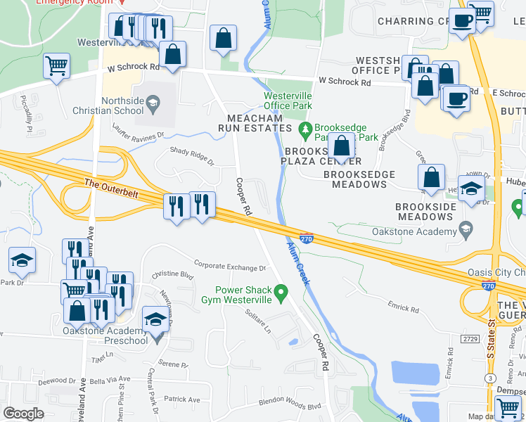 map of restaurants, bars, coffee shops, grocery stores, and more near 6535 Cooper Meadows Road in Westerville