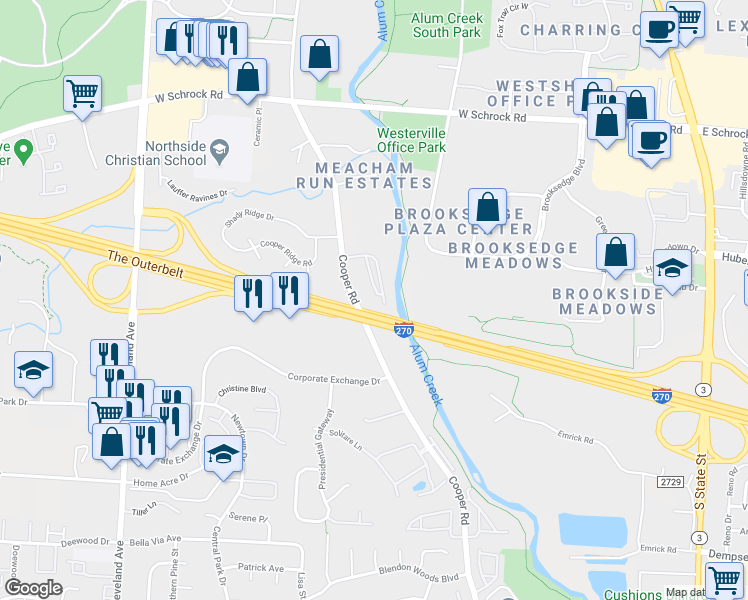 map of restaurants, bars, coffee shops, grocery stores, and more near 6535 Cooper Meadows Road in Westerville