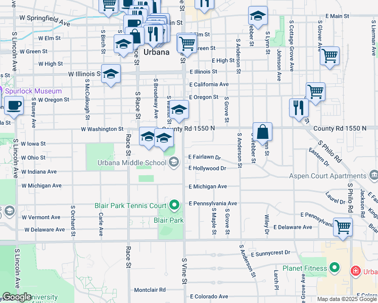 map of restaurants, bars, coffee shops, grocery stores, and more near 304 East Fairlawn Drive in Urbana