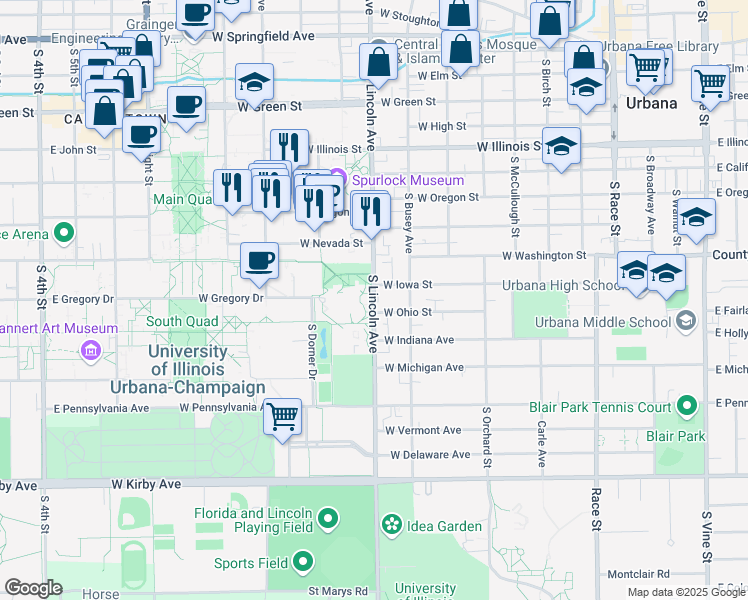 map of restaurants, bars, coffee shops, grocery stores, and more near in Urbana