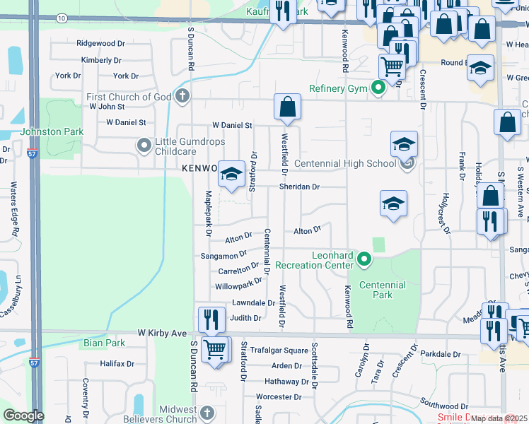 map of restaurants, bars, coffee shops, grocery stores, and more near 1016 Stratford Drive in Champaign