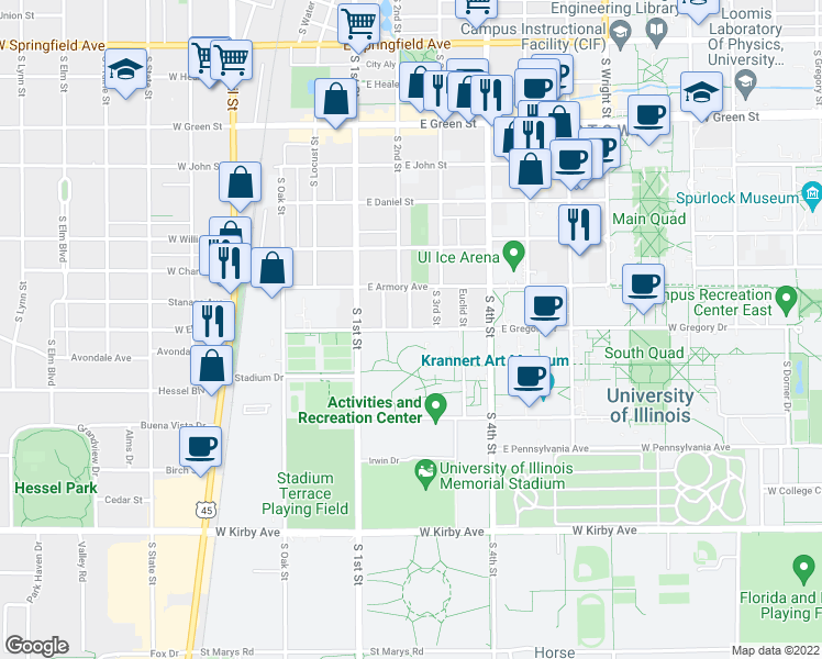 map of restaurants, bars, coffee shops, grocery stores, and more near 216 East Gregory Drive in Champaign