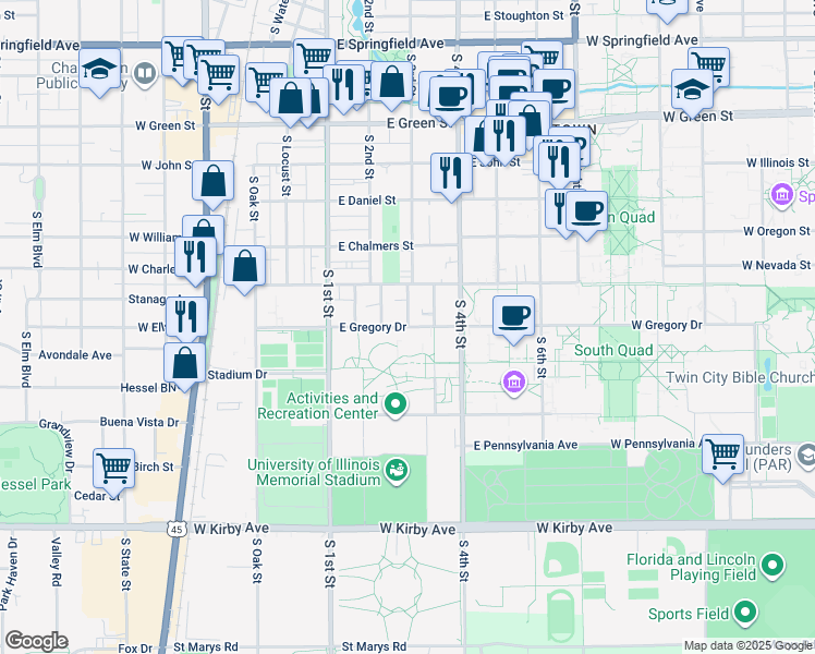 map of restaurants, bars, coffee shops, grocery stores, and more near East Gregory Drive in Champaign