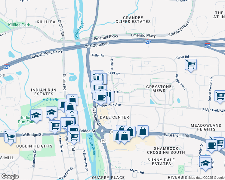 map of restaurants, bars, coffee shops, grocery stores, and more near 6657 Dale Drive in Dublin