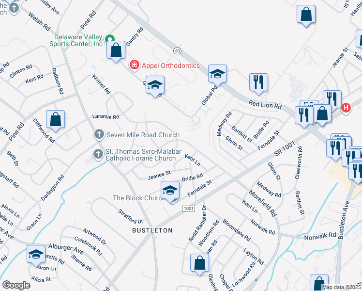 map of restaurants, bars, coffee shops, grocery stores, and more near 9743 Portis Road in Philadelphia