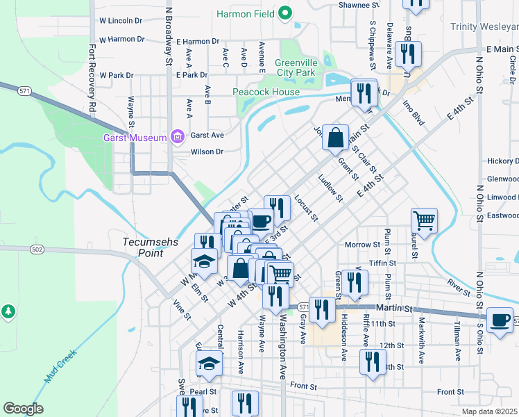 map of restaurants, bars, coffee shops, grocery stores, and more near 228 East Main Street in Greenville
