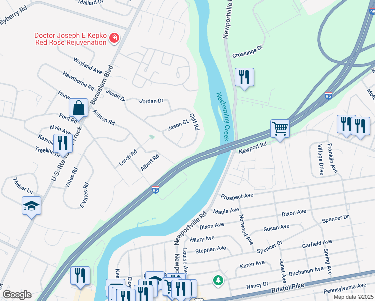 map of restaurants, bars, coffee shops, grocery stores, and more near 757 Cliff Road in Bucks County