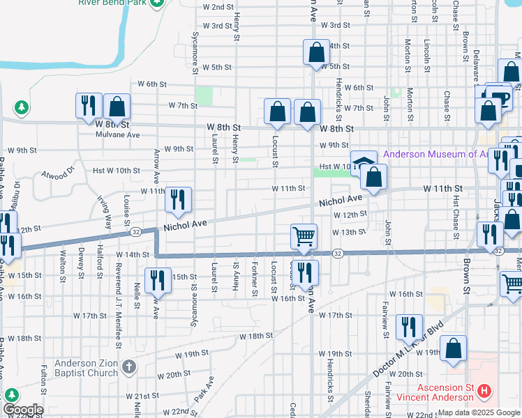 map of restaurants, bars, coffee shops, grocery stores, and more near 1222 Nichol Avenue in Anderson
