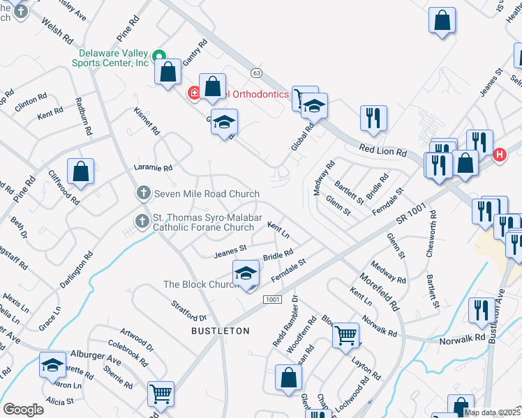 map of restaurants, bars, coffee shops, grocery stores, and more near 9743 Portis Road in Philadelphia