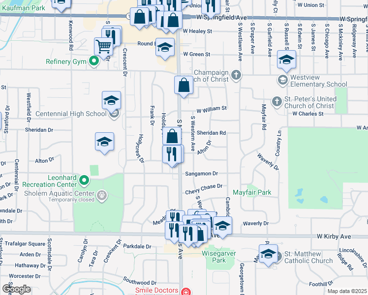 map of restaurants, bars, coffee shops, grocery stores, and more near 1110 S Mattis Ave in Champaign