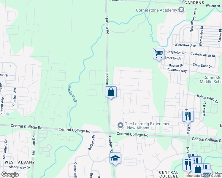 map of restaurants, bars, coffee shops, grocery stores, and more near 7156 Harlem Road in Westerville