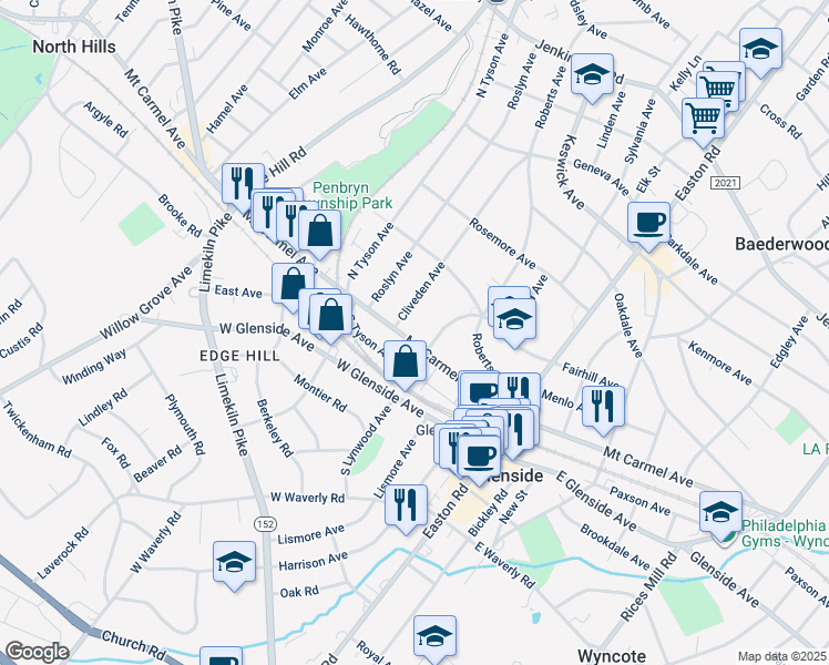 map of restaurants, bars, coffee shops, grocery stores, and more near 2415 Mount Carmel Avenue in Glenside