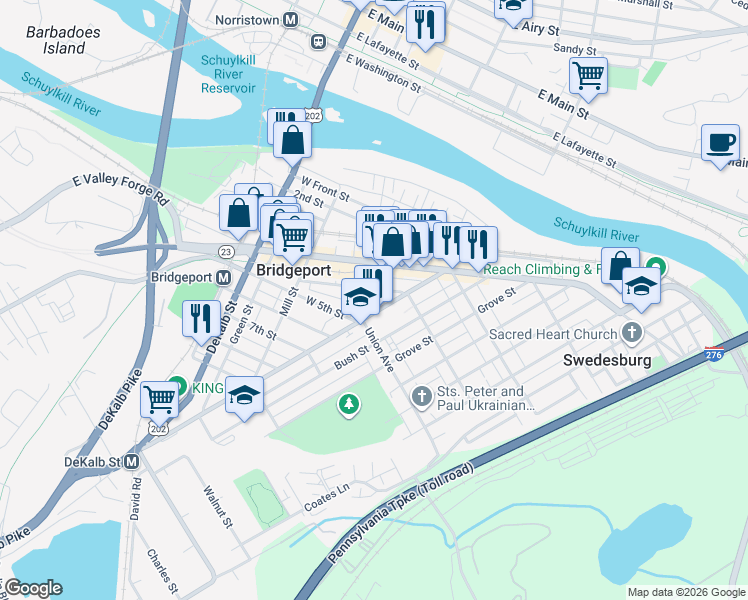 map of restaurants, bars, coffee shops, grocery stores, and more near 494 Ford Street in Bridgeport