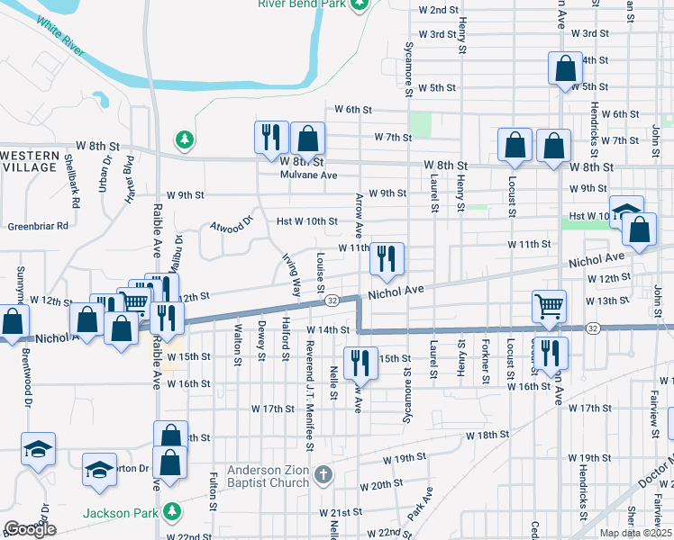 map of restaurants, bars, coffee shops, grocery stores, and more near 1728 West 12th Street in Anderson