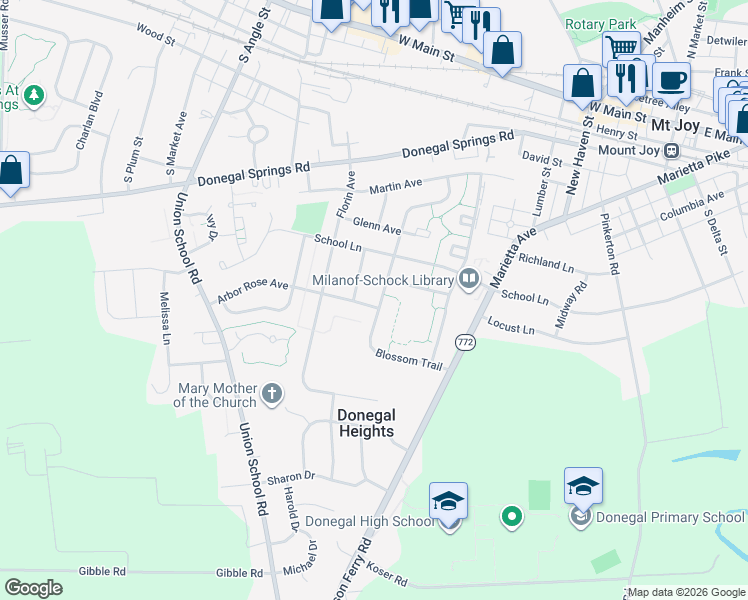 map of restaurants, bars, coffee shops, grocery stores, and more near 539 Blossom Trail in Mount Joy