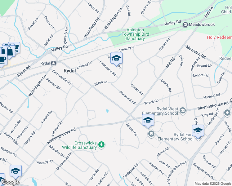 map of restaurants, bars, coffee shops, grocery stores, and more near 1074 Pheasant Road in Rydal