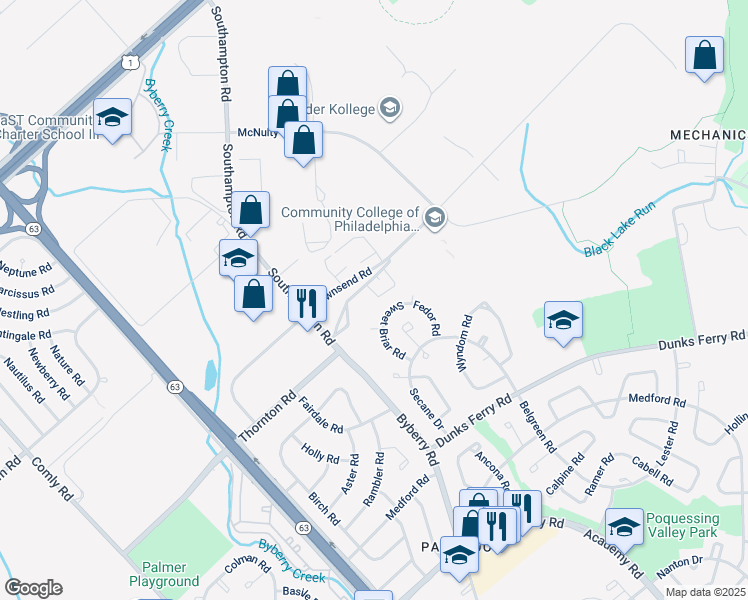 map of restaurants, bars, coffee shops, grocery stores, and more near 13019 Townsend Road in Philadelphia