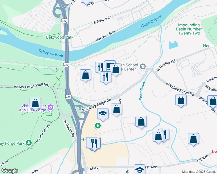 map of restaurants, bars, coffee shops, grocery stores, and more near 10112 Valley Forge Circle in King of Prussia