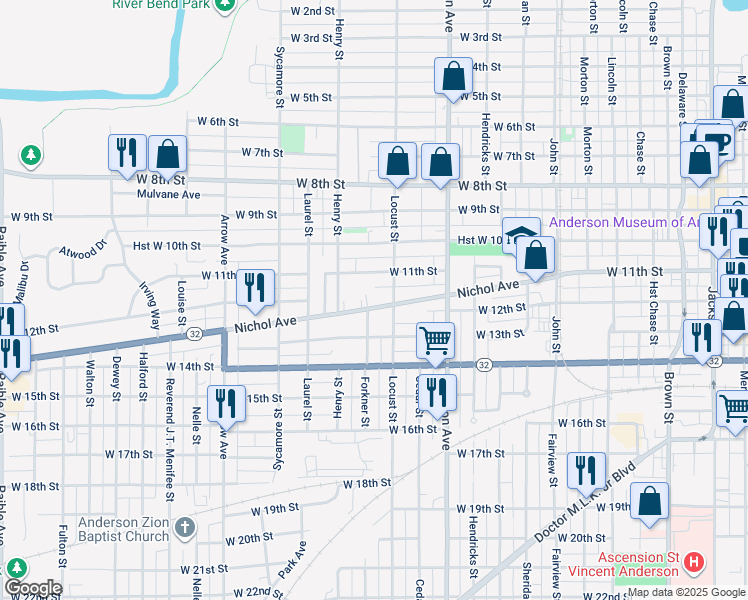 map of restaurants, bars, coffee shops, grocery stores, and more near 1222 Nichol Avenue in Anderson