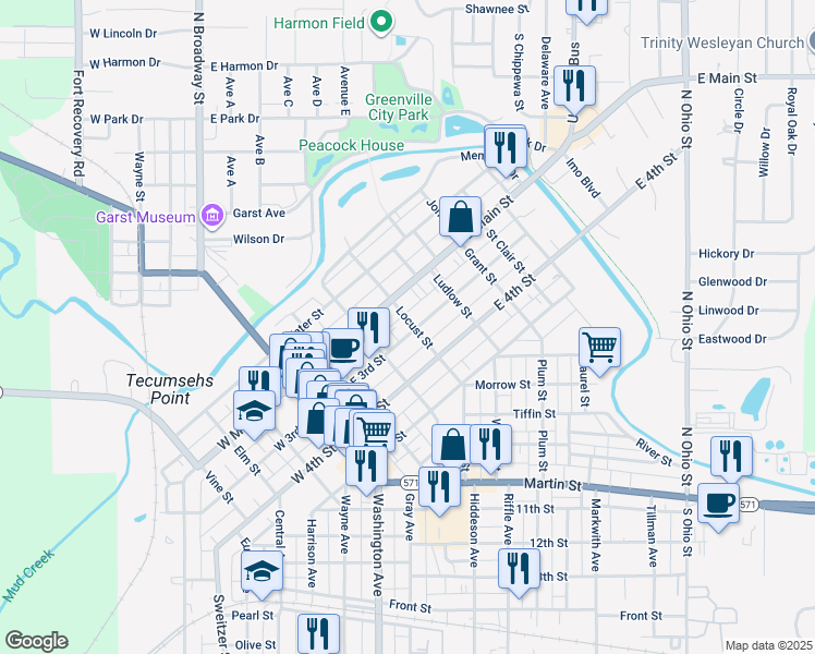 map of restaurants, bars, coffee shops, grocery stores, and more near 338 East 3rd Street in Greenville