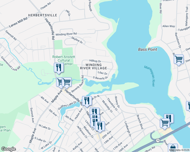 map of restaurants, bars, coffee shops, grocery stores, and more near 75 South Beverly Drive in Brick Township