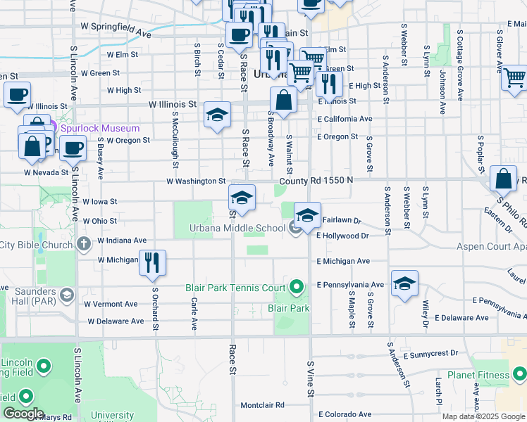 map of restaurants, bars, coffee shops, grocery stores, and more near 1002 South Race Street in Urbana