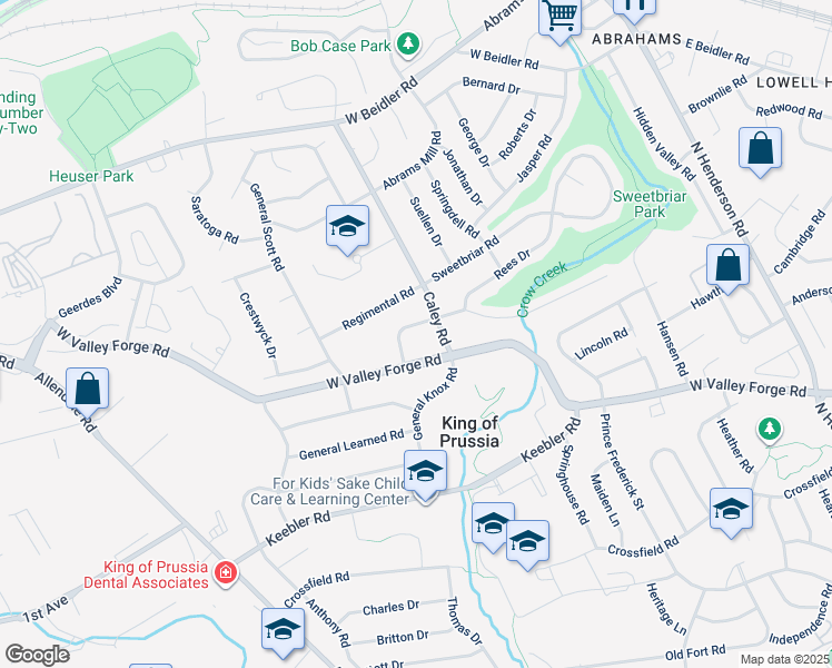 map of restaurants, bars, coffee shops, grocery stores, and more near 409 Covered Bridge Road in King of Prussia