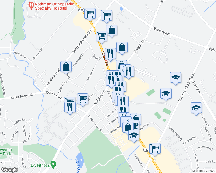 map of restaurants, bars, coffee shops, grocery stores, and more near 2925 Knights Road in Bensalem