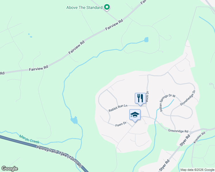 map of restaurants, bars, coffee shops, grocery stores, and more near 39 Rabbit Run Lane in Glenmoore