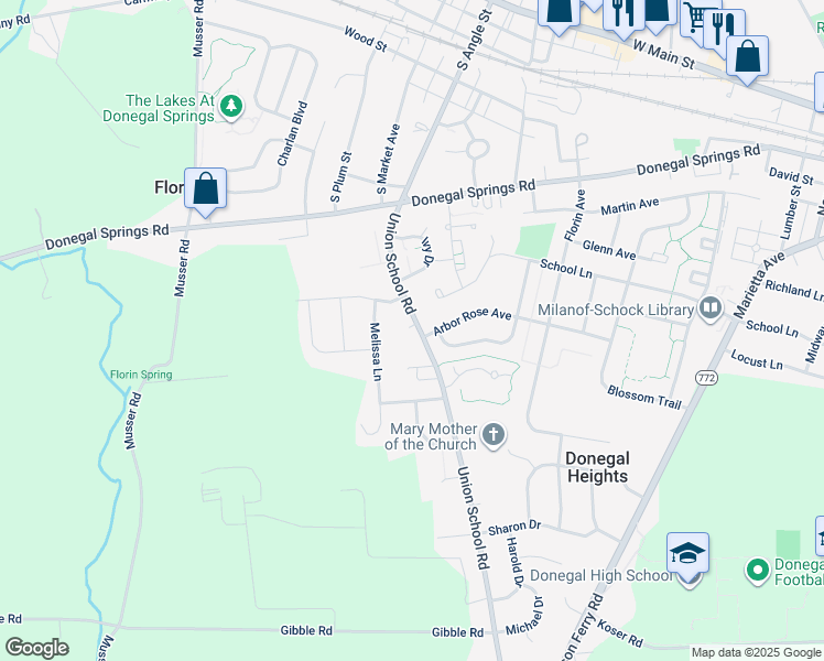 map of restaurants, bars, coffee shops, grocery stores, and more near 562 Union School Road in Mount Joy
